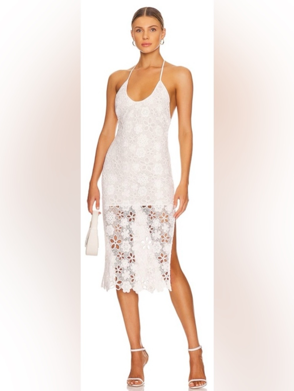 Majorelle Romantic White Floral Lace Overlay Midi Dress Halter Open Back Size S